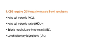 3. CD5 negative CD10 negative mature B-cell neoplasms
• Hairy cell leukemia (HCL).
• Hairy cell leukemia variant (HCL-v).
• Splenic marginal zone lymphoma (SMZL).
• Lymphoplasmacytic lymphoma (LPL).
 