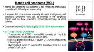Mantle cell lymphoma (MCL)
• Mantle cell lymphoma is a systemic B-cell lymphoma that usually
presents with diffuse lymphadenopathy.
• It involves the bone marrow in nearly all cases at diagnosis, and
circulating lymphoma cells can be detected in the peripheral
smear and by flow cytometric immunophenotyping in most
patients.
• Characterized by t(11;14)(q13;q32) CCND1-IGH translocation.
• t(11;14)(q13;q32); CCND1-IGH
oTranslocation of CCND1 (cyclin-D1) normally at 11q13 to
chromosome 14q32 adjacent to IGH gene.
oMakes a protein called BCL-1 (cyclin-D1), which affects entry
into cell cycle.
oDysregulated cyclin-D1 accelerates transition from G1 to S
phase of cell cycle.
 