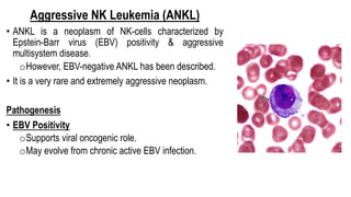 Aggressive NK Leukemia (ANKL)
• ANKL is a neoplasm of NK-cells characterized by
Epstein-Barr virus (EBV) positivity & aggressive
multisystem disease.
oHowever, EBV-negative ANKL has been described.
• It is a very rare and extremely aggressive neoplasm.
Pathogenesis
• EBV Positivity
oSupports viral oncogenic role.
oMay evolve from chronic active EBV infection.
 