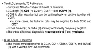 • T-cell LGL leukemia, TCR-γδ variant
oComprises 10% (5 – 15%) of all T-cell LGL leukemia.
oCD3 bright (+), CD8 (−), CD4 (−), CD57 (+) and TCR γδ (+).
oCD56 is often negative but can be partial/subset+ or positive together with
CD57.
§ In some cases, the leukemic cells may be negative for both CD56 and
CD57.
oCD5 is dimmer (+) or partial (+) and only occasionally completely negative.
oThe critical differential diagnosis is hepatosplenic γδ T-cell lymphoma.
• CD4+ T-cell LGL leukemia
oThe typical immunophenotype is CD3+, CD4+, CD56+, CD57+, and TCR-αβ
(+), with a variable dim CD8 expression.
 