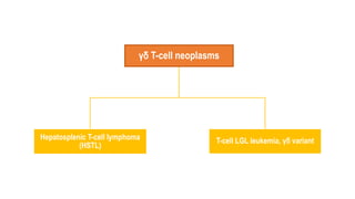 γδ T-cell neoplasms
Hepatosplenic T-cell lymphoma
(HSTL)
T-cell LGL leukemia, γδ variant
 
