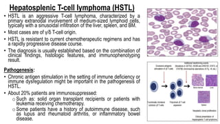 Hepatosplenic T-cell lymphoma (HSTL)
• HSTL is an aggressive T-cell lymphoma, characterized by a
primary extranodal involvement of medium-sized lymphoid cells,
typically with a sinusoidal infiltration of the liver, spleen, and BM.
• Most cases are of γ/δ T-cell origin.
• HSTL is resistant to current chemotherapeutic regimens and has
a rapidly progressive disease course.
• The diagnosis is usually established based on the combination of
clinical findings, histologic features, and immunophenotyping
result.
Pathogenesis:
• Chronic antigen stimulation in the setting of immune deficiency or
immune dysregulation might be important in the pathogenesis of
HSTL.
• About 20% patients are immunosuppressed:
o Such as: solid organ transplant recipients or patients with
leukemia receiving chemotherapy.
o Some patients have a history of autoimmune disease, such
as lupus and rheumatoid arthritis, or inflammatory bowel
disease.
 