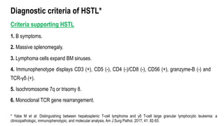 Criteria supporting HSTL
1. B symptoms.
2. Massive splenomegaly.
3. Lymphoma cells expand BM sinuses.
4. Immunophenotype displays CD3 (+), CD5 (-), CD4 (-)/CD8 (-), CD56 (+), granzyme-B (-) and
TCR-γδ (+).
5. Isochromosome 7q or trisomy 8.
6. Monoclonal TCR gene rearrangement.
Diagnostic criteria of HSTL*
* Yabe M et al: Distinguishing between hepatosplenic T-cell lymphoma and γδ T-cell large granular lymphocytic leukemia: a
clinicopathologic, immunophenotypic, and molecular analysis. Am J Surg Pathol. 2017; 41: 82-93.
 
