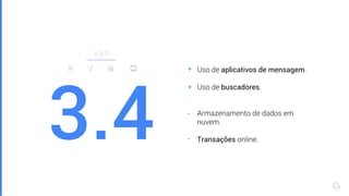 3.4
U S O
Uso de aplicativos de mensagem.
Uso de buscadores.
Armazenamento de dados em
nuvem.
Transações online.
-
+
+
-
 