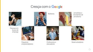 Pessoas em
busca de
emprego
Mulheres
Pequenos
empreendedores
Professores e
educadores
Jornalistas e
estudantes de
Jornalismo
Desenvolvedores
 