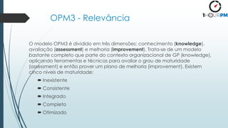 OPM3 - Relevância
O modelo OPM3 é dividido em três dimensões: conhecimento (knowledge),
avaliação (assessment) e melhoria (improvement). Trata-se de um modelo
bastante completo que parte do contexto organizacional de GP (knowledge),
aplicando ferramentas e técnicas para avaliar o grau de maturidade
(assessment) e então prover um plano de melhoria (improvement). Existem
cinco níveis de maturidade:
 Inexistente
 Consistente
 Integrado
 Completo
 Otimizado
 