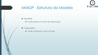 MMGP - Estrutura do Modelo
 Sectorial
 Avalia apenas um sector da organização
 Corporativo
 Avalia a instituição como um todo
 