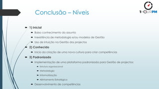 Conclusão – Níveis
 1) Inicial
 Baixo conhecimento do assunto
 Inexistência de metodologia e/ou modelos de Gestão
 Uso de intuição na Gestão dos projectos
 2) Conhecido
 Início da criação de uma nova cultura para criar competências
 3) Padronizado
 Implementação de uma plataforma padronizada para Gestão de projectos:
 Estrutura organizacional
 Metodologia
 Informatização
 Alinhamento Estratégico
 Desenvolvimento de competências
 