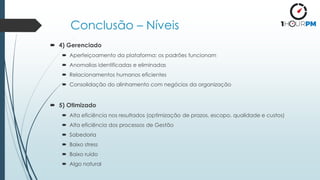 Conclusão – Níveis
 4) Gerenciado
 Aperfeiçoamento da plataforma: os padrões funcionam
 Anomalias identificadas e eliminadas
 Relacionamentos humanos eficientes
 Consolidação do alinhamento com negócios da organização
 5) Otimizado
 Alta eficiência nos resultados (optimização de prazos, escopo, qualidade e custos)
 Alta eficiência dos processos de Gestão
 Sabedoria
 Baixo stress
 Baixo ruído
 Algo natural
 