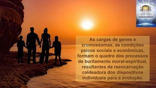 As cargas de genes e
cromossomas, as condições
psicos sociais e econômicas,
formam o quadro dos processos
de burilamento moral-espiritual,
resultantes da reencarnação
caldeadora dos dispositivos
individuais para a evolução.
 