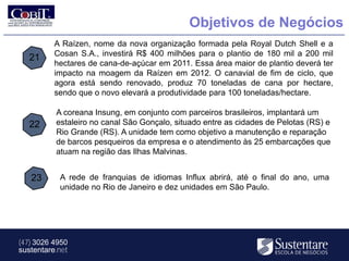 Objetivos de Negócios
          A Raízen, nome da nova organização formada pela Royal Dutch Shell e a
          Cosan S.A., investirá R$ 400 milhões para o plantio de 180 mil a 200 mil
   21
          hectares de cana-de-açúcar em 2011. Essa área maior de plantio deverá ter
          impacto na moagem da Raízen em 2012. O canavial de fim de ciclo, que
          agora está sendo renovado, produz 70 toneladas de cana por hectare,
          sendo que o novo elevará a produtividade para 100 toneladas/hectare.

          A coreana Insung, em conjunto com parceiros brasileiros, implantará um
   22     estaleiro no canal São Gonçalo, situado entre as cidades de Pelotas (RS) e
          Rio Grande (RS). A unidade tem como objetivo a manutenção e reparação
          de barcos pesqueiros da empresa e o atendimento às 25 embarcações que
          atuam na região das Ilhas Malvinas.


   23      A rede de franquias de idiomas Influx abrirá, até o final do ano, uma
           unidade no Rio de Janeiro e dez unidades em São Paulo.




(47) 3026 4950
sustentare.net
 