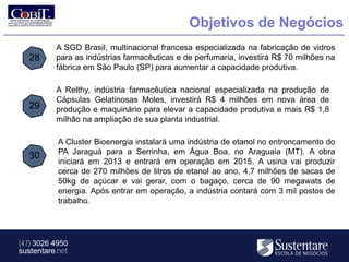 Objetivos de Negócios
          A SGD Brasil, multinacional francesa especializada na fabricação de vidros
   28     para as indústrias farmacêuticas e de perfumaria, investirá R$ 70 milhões na
          fábrica em São Paulo (SP) para aumentar a capacidade produtiva.

          A Relthy, indústria farmacêutica nacional especializada na produção de
          Cápsulas Gelatinosas Moles, investirá R$ 4 milhões em nova área de
   29     produção e maquinário para elevar a capacidade produtiva e mais R$ 1,8
          milhão na ampliação de sua planta industrial.

           A Cluster Bioenergia instalará uma indústria de etanol no entroncamento do
           PA Jaraguá para a Serrinha, em Água Boa, no Araguaia (MT). A obra
           iniciará em 2013 e entrará em operação em 2015. A usina vai produzir
           cerca de 270 milhões de litros de etanol ao ano, 4,7 milhões de sacas de
           50kg de açúcar e vai gerar, com o bagaço, cerca de 90 megawats de
           energia. Após entrar em operação, a indústria contará com 3 mil postos de
           trabalho.




(47) 3026 4950
sustentare.net
 