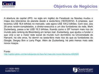 Objetivos de Negócios

A abertura de capital (IPO, na sigla em inglês) do Facebook na Nasdaq mudou o
mapa dos bilionários do planeta desde a sexta-feira (18/05/2012). A empresa, que
levantou US$ 18,4 bilhões no mercado, vale agora US$ 104,2 bilhões. Com isso, aos
28 anos recém-completados, o diretor-executivo e um dos fundadores da rede, Mark
Zuckerberg, passa a ter US$ 19,3 bilhões, ficando como o 29º homem mais rico do
mundo pelo ranking da Bloomberg em tempo real. Zuckerberg, que ajudou a fundar o
que viria a ser a maior rede social do mundo num dormitório na Universidade de
Harvard, há oito anos, foi dormir na sexta-feira mais rico do que os fundadores do
Google, Sergey Brin e Larry Page. Além de Zuckerberg, há pelo menos mais sete
novos ricaços.


Fonte:
http://oglobo.globo.com/tecnologia/ipo-do-face-faz-mais-oito-novos-bilionarios-4943922




 (47) 3026 4950
 sustentare.net
 
