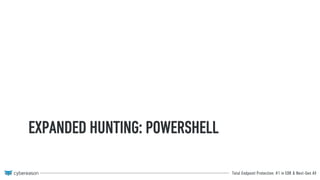 Total Endpoint Protection: #1 in EDR & Next-Gen AV
Prepare
Detect
Respond
Contain /
Eradicate
Post-
Mortem /
Prevent
Motivation
+
Hypothesis
Data
Collection
Tooling /
Analysis
Outcomes
Automation*
Incident Response Process Hunting Process
Use blind spots/gaps as
sources of motivation +
hypothesis
High
fidelity
detections
Escalated
incident
New data collection & analysis techniques
improve triage & response SOPs
 