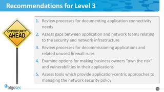 Recommendations for Level 3
1. Review processes for documenting application connectivity
needs
2. Assess gaps between application and network teams relating
to the security and network infrastructure
3. Review processes for decommissioning applications and
related unused firewall rules
4. Examine options for making business owners “own the risk”
and vulnerabilities in their applications
5. Assess tools which provide application-centric approaches to
managing the network security policy
15

 