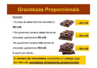 Grandezas Proporcionais
Exemplo:

• O preço de uma barra de chocolate é        → R$ 2,00
R$ 2,00.

• Se quisermos comprar duas barras de
                                             → R$ 4,00
chocolate, gastaremos R$ 4,00.

•Se quisermos comprar três barras de

chocolate, gastaremos R$ 6,00.               → R$ 6,00
E assim por diante...

O número de chocolates comprados e o preço pago
por eles são grandezas diretamente proporcionais.
 