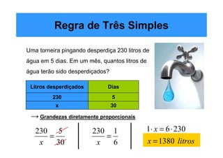 Regra de Três Simples

Uma torneira pingando desperdiça 230 litros de
água em 5 dias. Em um mês, quantos litros de
água terão sido desperdiçados?

 Litros desperdiçados         Dias
         230                     5
          x                      30

 → Grandezas diretamente proporcionais
   230 5                230 1               1⋅ x = 6 ⋅ 230
      =                    =
    x   30               x   6                 x = 1380 litros
 