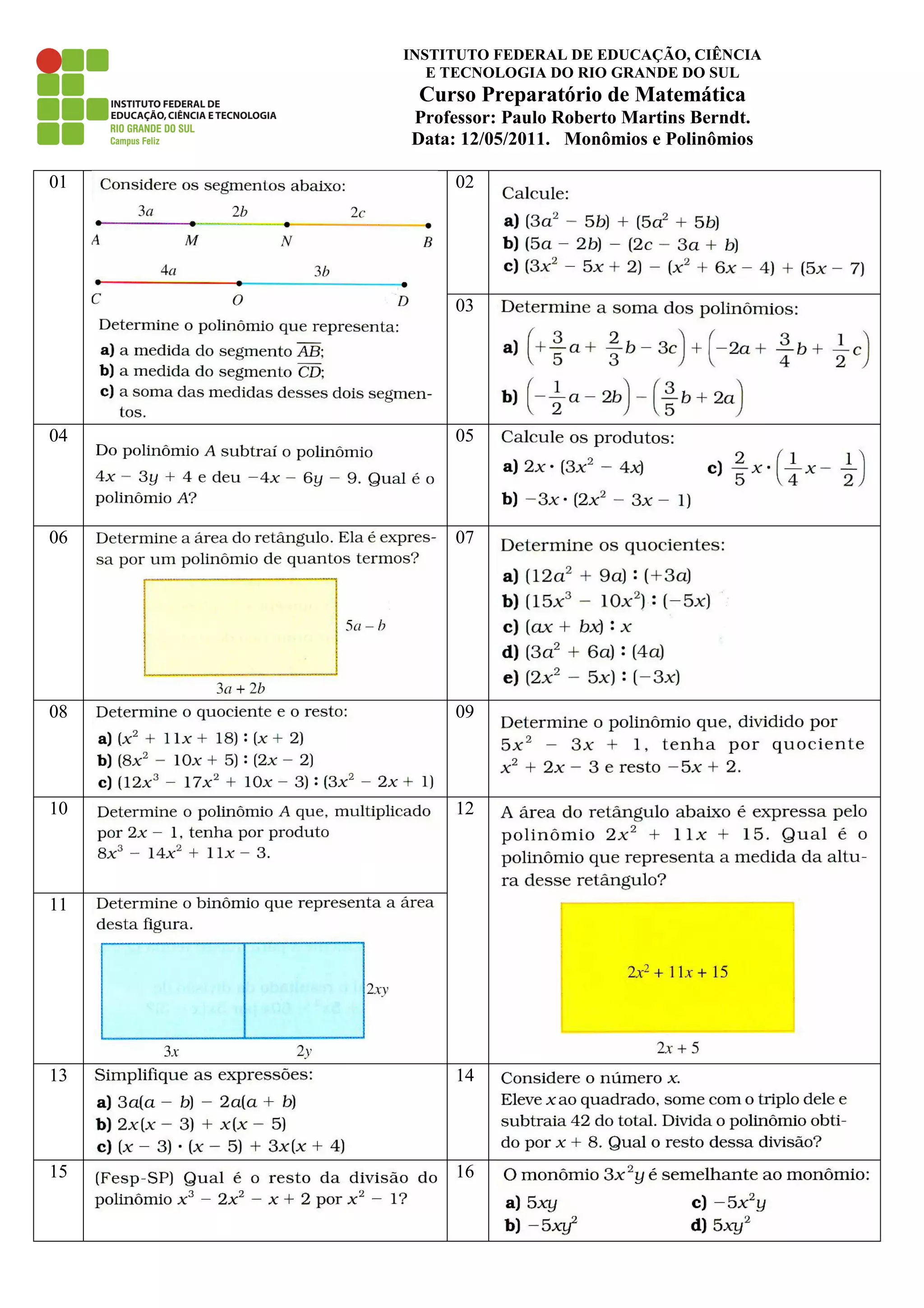 Mat utfrs 09. monomios e polinomios exercicios | PDF