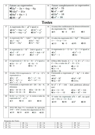 Mat utfrs 10. produtos notaveis e fatoracao exercicios | PDF
