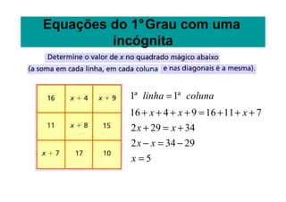 Equações do 1°Grau com uma
         incógnita


           1ª linha = 1ª coluna
           16 + x + 4 + x + 9 = 16 + 11 + x + 7
           2 x + 29 = x + 34
           2 x − x = 34 − 29
           x=5
 