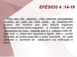 EFÉSIOS 4 :14-16

   Para que não sejamos mais meninos inconstantes
,levados em roda por todo vento de doutrina,pelo
engano dos homens que com astúcia enganam
fraudulosamente.Antes,seguindo a verdade em amor
,cresçamos em tudo naquele que é o cabeça,cristo do
qual todo o corpo,bem ajustado,e ligado pelo o auxílio
de todas as juntas,segunda a justa operação de cada
parte,faz o aumento do corpo,para sua edificação e
amor.
 