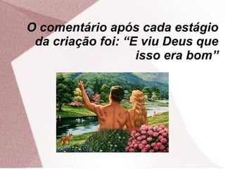 O comentário após cada estágio
 da criação foi: “E viu Deus que
                   isso era bom”
 