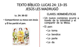 TEXTO BÍBLICO: LUCAS 24: 13–35
JESÚS LES MADRUGÓ
Lc. 24: 30-32
• Compartieron su mesa con Jesús
y Él les partió el pan.
CL...
