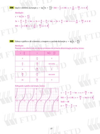 27
	54	 Qual é o domínio da função  y tg 3x
3
5 1 p
( )?
	55	 Esboce o gráfico e dê o domínio, a imagem e o período da função y tg x
4
5 2 p
( ).
D(f) k
3
Z5  1x IR x k | ,p p
18
⁄{ }
Resolução:
y tg 3x
3x k 3x
5 1
1  1  2 1
p
p p p → p p
3
3 2 2 3
( )
kk 3x k k , k Z
D(f)
18
p → p p → p p
p
 1  1
5 
6 18 3
x
x IR x


⁄
| 11 k , k Zp
3
 ⁄{ }
Resolução:
Fazendo uma tabela com os valores principais da primeira determinação positiva, temos:
x 2 p
4
x tg
4
x 2 p
( )
0 p
4
0
p
2
3
4
p não existe
p 5
4
p 0
3
2
p 7
4
p não existe
2p 9
4
p 0
Esboçando o gráfico da função, temos:
x x
x IR x
2  1  1
5  1
p p p → p p
p p
4 2
k 3
4
k
D(f) 3
4
k , k Z | ⁄{{ }
Im(f)
p 5
4 4
5
5 2 5
IR
p p p
�2,5π �2π �1,5π
�2
0
2
0 x
4 y
�4
�0,5π 0,5π 1,5π 2ππ�π 2,5π
 