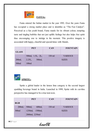 44 | P a g e
FANTA:-
Fanta entered the Indian market in the year 1993. Over the years Fanta
has occupied a strong market place and is identifies as “The Fun Catalyst”.
Perceived as a fun youth brand, Fanta stands for its vibrant colour, tempting
taste and tingling bubbles that not just uplifts feelings but also helps free spirit
thus encouraging one to indulge in the moment. This positive imagery is
associated with happy, cheerful and special times with friends.
GLASS
PET CAN FOUNTAIN
200ml,
300ml
500ml, 1.5L, 2L,
2.25L, 500ml,
100ml
330 ml VARIOUS
SIZES
SPRITE:-
Sprite a global leader in the lemon lime category is the second largest
sparkling beverage brand in India. Launched in 1999, Sprite with its cut-thru
perspective has managed to be a true teen icon.
RGB
PET CAN FOUNTAIN
200ml,
300ml
500ml, 600ml,
1250ml, 1500ml,
2000ml, 2250ml
330 ml VARIOUS
SIZES
 
