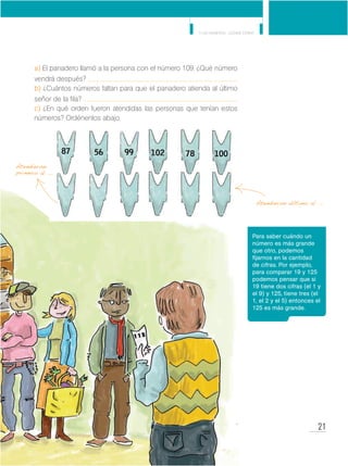 21
Y los números... ¿dónde están?
MinisteriodeEducación•Materialdedistribucióngratuita
a) El panadero llamó a la persona con el número 109. ¿Qué número
vendrá después?
b) ¿Cuántos números faltan para que el panadero atienda al último
señor de la fila?
c) ¿En qué orden fueron atendidas las personas que tenían estos
números? Ordénenlos abajo.
Para saber cuándo un
número es más grande
que otro, podemos
fijarnos en la cantidad
de cifras. Por ejemplo,
para comparar 19 y 125
podemos pensar que si
19 tiene dos cifras (el 1 y
el 9) y 125, tiene tres (el
1, el 2 y el 5) entonces el
125 es más grande.
Atendieron
primero al ...
Atendieron último al ...
 