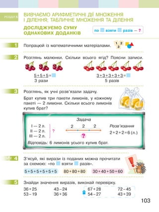 103
ВИВЧАЄМО АРИФМЕТИЧНІ ДІЇ МНОЖЕННЯ
І ДІЛЕННЯ; ТАБЛИЧНЕ МНОЖЕННЯ ТА ДІЛЕННЯ
ДОСЛІДЖУЄМО СУМУ
ОДНАКОВИХ ДОДАНКІВ
1 Попрацюй із математичними матеріалами.
2 Розглянь малюнки. Cкільки всього ягід? Поясни записи.
5+5+5= 3+3+3+3+3=
3 рази 5 разів
3 Розглянь, як учні розв’язали задачу.
Брат купив три пакети лимонів, у кожному
пакеті — 2 лимони. Скільки всього лимонів
купив брат?
Задача
Розв’язання
2+2+2=6 (л.)2+2+2=6 (л.)
І — 2 л.
ІІ — 2 л.ІІ — 2 л.ІІ — 2 л.ІІ — 2 л. ??
ІІІ — 2 л.
2 22
Відповідь: 6 лимонів усього купив брат.
4 З’ясуй, які вирази із поданих можна прочитати
за схемою: «по взяти разів».
5+5+5+5+5+5 80+80+80 30+40+50+60
5 Знайди значення виразів, виконай перевірку.
36+25 43–24 67+28 72–45
53–19 36+36 54–27 43+39
РОЗДІЛ 5
по взяти разів — ?
1 1 2
3
2
3
4
5
 