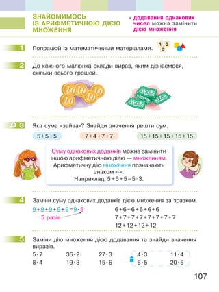 107
ЗНаЙОМиМОСЬ
ІЗ аРиФМетиЧНОЮ ДІЄЮ
МНОЖеННЯ
1 Попрацюй із математичними матеріалами.
2 До кожного малюнка склади вираз, яким дізнаємося,
скільки всього грошей.
3 Яка сума «зайва»? Знайди значення решти сум.
5+5+5 7+4+7+7 15+15+15+15+15
Суму однакових доданків можна замінити
іншою арифметичною дією — множенням.
Арифметичну дію множення позначають
знаком «.».
Наприклад: 5+5+5=5.3.
4 Заміни суму однакових доданків дією множення за зразком.
9+9+9+9+9=9.5
5 разів
5 Заміни дію множення дією додавання та знайди значення
виразів.
5.7 36.2 27.3 4.3 11.4
8.4 19.3 15.6 6.5 20.5
додавання однакових
чисел можна замінити
дією множення
1
1 2
3
2
3
4
6+6+6+6+6+6
7+7+7+7+7+7+7+7
12+12+12+12
5
 