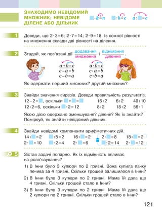 121
ЗНаХОДиМО НеВІДОМиЙ
МНОЖНиК; НеВІДОМе
ДІЛеНе аБО ДІЛЬНиК
1 Доведи, що 2.3=6; 2.7=14; 2.9=18. Із кожної рівності
на множення склади дві рівності на ділення.
2 Згадай, як пов’язані дії
додавання
множення
і
віднімання
ділення
.
a+b=с a.b=с
с–a=b с:a=b
с–b=a с:b=a
Як одержати перший множник? другий множник?
3 Знайди значення виразів. Доведи правильність результатів.
12–2= , оскільки + = 16:2 6:2 40:10
12:2=6, оскільки .2=12 8:2 18:2 56.1
Якою дією одержано зменшуване? ділене? Як їх знайти?
Поміркуй, як знайти невідомий дільник.
4 Знайди невідомі компоненти арифметичних дій.
14: =2 :5=2 16: =2 2. =8 18: =2
2. =10 .2=4 2. =6 .2=14 2. =12
5 Зістав задачі попарно. Як їх відмінність впливає
на розв’язування?
1) В Інни було 3 купюри по 2 гривні. Вона купила пачку
печива за 4 гривні. Скільки грошей залишилося в Інни?
2) В Інни було 3 купюри по 2 гривні. Мама їй дала ще
4 гривні. Скільки грошей стало в Інни?
3) В Інни було 3 купюри по 2 гривні. Мама їй дала ще
2 купюри по 2 гривні. Скільки грошей стало в Інни?
.k=n :b=c a: =c: . :
1
2 ділення
3
4
5
 
