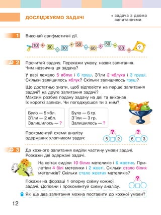 12
ДОСЛІДЖУЄМО ЗаДаЧІ
1 Виконай арифметичні дії.
10 60+
–
+
– + –
=
30
50
60
50
80 ?
2 Прочитай задачу. Перекажи умову, назви запитання.
Чим незвична ця задача?
У вазі лежало 5 яблук і 6 груш. З’їли 2 яблука і 3 груші.
Скільки залишилось яблук? Скільки залишилось груш?
Що достатньо знати, щоб відповісти на перше запитання
задачі? на друге запитання задачі?
Максим розбив подану задачу на дві та виконав
їх короткі записи. Чи погоджуєшся ти з ним?
Було — 5 ябл.
З’їли — 2 ябл.
Залишилось — ?
Було — 6 гр.
З’їли — 3 гр.
Залишилось — ?
Прокоментуй схеми аналізу
одержаних хлопчиком задач:
3 До кожного запитання виділи частину умови задачі.
Розкажи дві одержані задачі.
На квітах сиділи 10 білих метеликів і 6 жовтих. При-
летіли 4 білі метелики і 2 жовті. Скільки стало білих
метеликів? Скільки стало жовтих метеликів?
Покажи на форзаці 1 опорну схему кожної
задачі. Доповни і прокоментуй схему аналізу.
Які ще два запитання можна поставити до кожної умови?
задача з двома
запитаннями
1
2
Максим розбив подану задачу на дві та виконав
5 2 6 3
3
Розкажи дві одержані задачі.
 