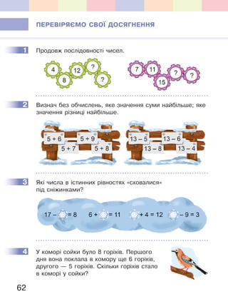 62
ПеРеВІРЯЄМО СВОЇ ДОСЯГНеННЯ
1 Продовж послідовності чисел.
2 Визнач без обчислень, яке значення суми найбільше; яке
значення різниці найбільше.
3 Які числа в істинних рівностях «сховалися»
під сніжинками?
4 У коморі сойки було 8 горіхів. Першого
дня вона поклала в комору ще 6 горіхів,
другого — 5 горіхів. Скільки горіхів стало
в коморі у сойки?
1
2
3
4
 