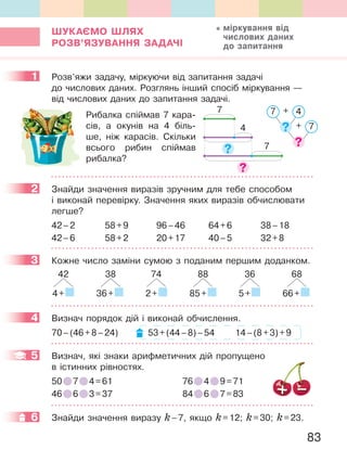 83
ШУКаЄМО ШЛЯХ
РОЗВ’ЯЗУВаННЯ ЗаДаЧІ
1 Розв’яжи задачу, міркуючи від запитання задачі
до числових даних. Розглянь інший спосіб міркування —
від числових даних до запитання задачі.
Рибалка спіймав 7 кара-
сів, а окунів на 4 біль-
ше, ніж карасів. Скільки
всього рибин спіймав
рибалка?
2 Знайди значення виразів зручним для тебе способом
і виконай перевірку. Значення яких виразів обчислювати
легше?
42–2 58+9 96–46 64+6 38–18
42–6 58+2 20+17 40–5 32+8
3 Кожне число заміни сумою з поданим першим доданком.
38
36+
74
2+
36
5+
68
66+
88
85+
42
4+
4 Визнач порядок дій і виконай обчислення.
70–(46+8–24) 53+(44–8)–54 14–(8+3)+9
5 Визнач, які знаки арифметичних дій пропущено
в істинних рівностях.
50 7 4=61 76 4 9=71
46 6 3=37 84 6 7=83
6 Знайди значення виразу k–7, якщо k=12; k=30; k=23.
міркування від
числових даних
до запитання
1
7 +
7
4
+4
7
7
2
3
4
5
6
 