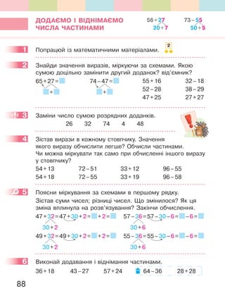 88
ДОДаЄМО І ВІДНІМаЄМО
ЧиСЛа ЧаСтиНаМи
1 Попрацюй із математичними матеріалами.
2 Знайди значення виразів, міркуючи за схемами. Якою
сумою доцільно замінити другий доданок? від’ємник?
65+27=
+
74–47=
+
3 Заміни число сумою розрядних доданків.
26 32 74 4 48
4 Зістав вирази в кожному стовпчику. Значення
якого виразу обчислити легше? Обчисли частинами.
Чи можна міркувати так само при обчисленні іншого виразу
у стовпчику?
54+13 72–51 33+12 96–55
54+18 72–55 33+19 96–58
5 Поясни міркування за схемами в першому рядку.
Зістав суми чисел; різниці чисел. Що змінилося? Як ця
зміна вплинула на розв’язування? Закінчи обчислення.
47+32=47+30+2= +2=
30+2
57–36=57–30–6= –6=
30+6
49+32=49+30+2= +2=
30+2
55–36=55–30–6= –6=
30+6
6 Виконай додавання і віднімання частинами.
36+18 43–27 57+24 64–36 28+28
56+27
20+7
73–55
50+5
1
2
2
55+16 32–18
52–28 38–29
47+25 27+27
3
4
5
6
 