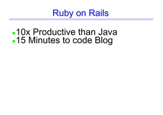 Ruby on Rails
10x Productive than Java
15 Minutes to code Blog
 