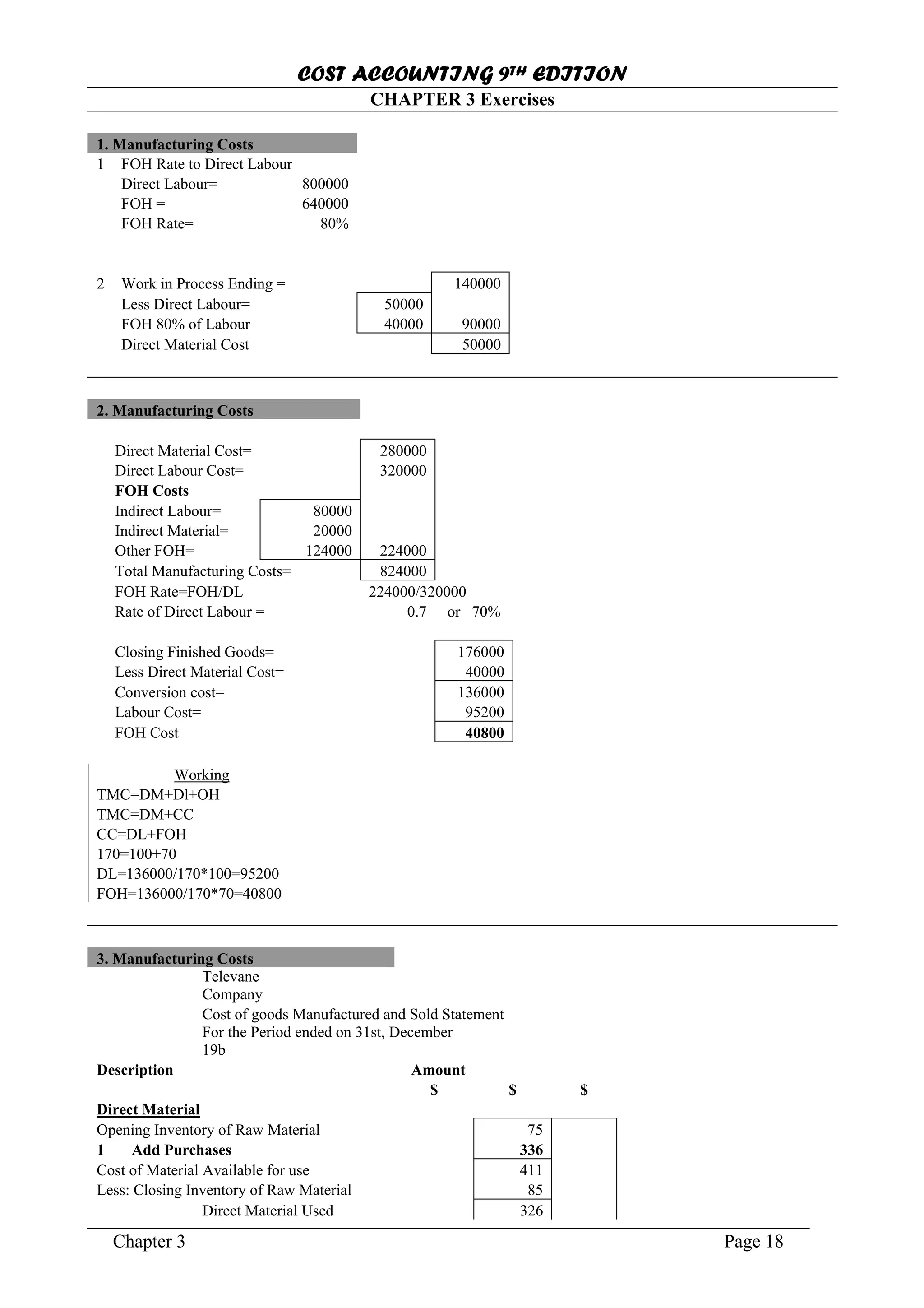 COST ACCOUNTING 9TH EDITION
Chapter 3 Page 18
CHAPTER 3 Exercises
1. Manufacturing Costs
1 FOH Rate to Direct Labour
Direct Labour= 800000
FOH = 640000
FOH Rate= 80%
2 Work in Process Ending = 140000
Less Direct Labour= 50000
FOH 80% of Labour 40000 90000
Direct Material Cost 50000
2. Manufacturing Costs
Direct Material Cost= 280000
Direct Labour Cost= 320000
FOH Costs
Indirect Labour= 80000
Indirect Material= 20000
Other FOH= 124000 224000
Total Manufacturing Costs= 824000
FOH Rate=FOH/DL 224000/320000
Rate of Direct Labour = 0.7 or 70%
Closing Finished Goods= 176000
Less Direct Material Cost= 40000
Conversion cost= 136000
Labour Cost= 95200
FOH Cost 40800
Working
TMC=DM+Dl+OH
TMC=DM+CC
CC=DL+FOH
170=100+70
DL=136000/170*100=95200
FOH=136000/170*70=40800
3. Manufacturing Costs
Televane
Company
Cost of goods Manufactured and Sold Statement
For the Period ended on 31st, December
19b
Description Amount
$ $ $
Direct Material
Opening Inventory of Raw Material 75
1 Add Purchases 336
Cost of Material Available for use 411
Less: Closing Inventory of Raw Material 85
Direct Material Used 326
 