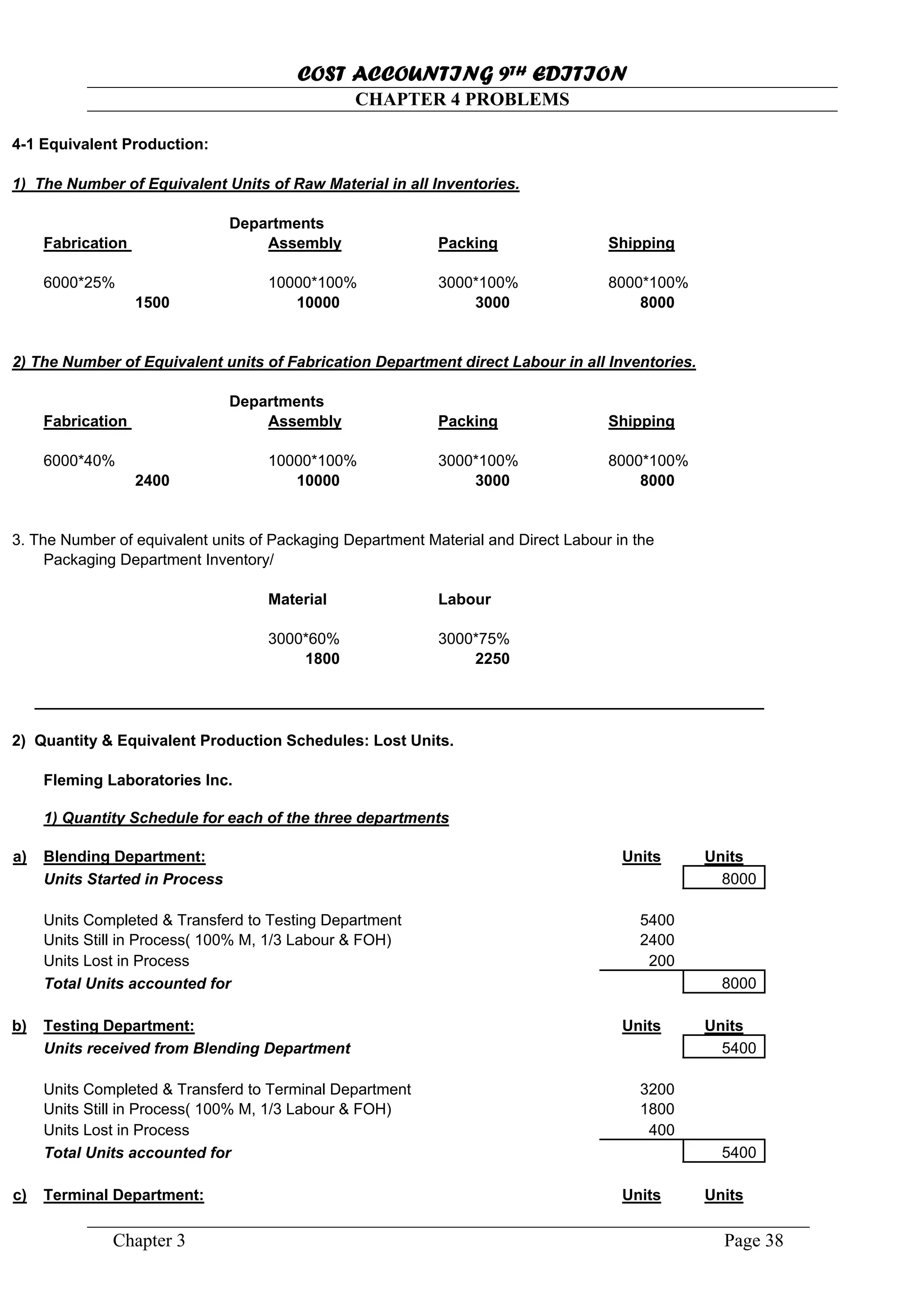 COST ACCOUNTING 9TH EDITION
Chapter 3 Page 38
CHAPTER 4 PROBLEMS
4-1 Equivalent Production:
1) The Number of Equivalent Units of Raw Material in all Inventories.
Departments
Fabrication Assembly Packing Shipping
6000*25% 10000*100% 3000*100% 8000*100%
1500 10000 3000 8000
2) The Number of Equivalent units of Fabrication Department direct Labour in all Inventories.
Departments
Fabrication Assembly Packing Shipping
6000*40% 10000*100% 3000*100% 8000*100%
2400 10000 3000 8000
3. The Number of equivalent units of Packaging Department Material and Direct Labour in the
Packaging Department Inventory/
Material Labour
3000*60% 3000*75%
1800 2250
2) Quantity & Equivalent Production Schedules: Lost Units.
Fleming Laboratories Inc.
1) Quantity Schedule for each of the three departments
a) Blending Department: Units Units
Units Started in Process 8000
Units Completed & Transferd to Testing Department 5400
Units Still in Process( 100% M, 1/3 Labour & FOH) 2400
Units Lost in Process 200
Total Units accounted for 8000
b) Testing Department: Units Units
Units received from Blending Department 5400
Units Completed & Transferd to Terminal Department 3200
Units Still in Process( 100% M, 1/3 Labour & FOH) 1800
Units Lost in Process 400
Total Units accounted for 5400
c) Terminal Department: Units Units
 