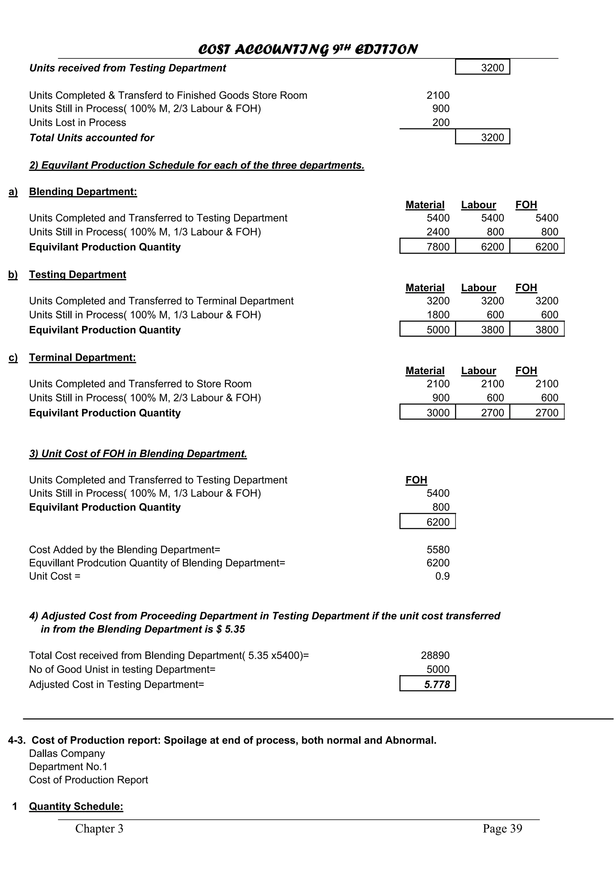 COST ACCOUNTING 9TH EDITION
Chapter 3 Page 39
Units received from Testing Department 3200
Units Completed & Transferd to Finished Goods Store Room 2100
Units Still in Process( 100% M, 2/3 Labour & FOH) 900
Units Lost in Process 200
Total Units accounted for 3200
2) Equvilant Production Schedule for each of the three departments.
a) Blending Department:
Material Labour FOH
Units Completed and Transferred to Testing Department 5400 5400 5400
Units Still in Process( 100% M, 1/3 Labour & FOH) 2400 800 800
Equivilant Production Quantity 7800 6200 6200
b) Testing Department
Material Labour FOH
Units Completed and Transferred to Terminal Department 3200 3200 3200
Units Still in Process( 100% M, 1/3 Labour & FOH) 1800 600 600
Equivilant Production Quantity 5000 3800 3800
c) Terminal Department:
Material Labour FOH
Units Completed and Transferred to Store Room 2100 2100 2100
Units Still in Process( 100% M, 2/3 Labour & FOH) 900 600 600
Equivilant Production Quantity 3000 2700 2700
3) Unit Cost of FOH in Blending Department.
Units Completed and Transferred to Testing Department FOH
Units Still in Process( 100% M, 1/3 Labour & FOH) 5400
Equivilant Production Quantity 800
6200
Cost Added by the Blending Department= 5580
Equvillant Prodcution Quantity of Blending Department= 6200
Unit Cost = 0.9
4) Adjusted Cost from Proceeding Department in Testing Department if the unit cost transferred
in from the Blending Department is $ 5.35
Total Cost received from Blending Department( 5.35 x5400)= 28890
No of Good Unist in testing Department= 5000
Adjusted Cost in Testing Department= 5.778
4-3. Cost of Production report: Spoilage at end of process, both normal and Abnormal.
Dallas Company
Department No.1
Cost of Production Report
1 Quantity Schedule:
 