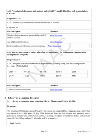 4.1.3 Percentage of classrooms and seminar halls with ICT - enabled facilities such as smart class,
LMS, etc
Response: 30.89
4.1.3.1 Number of classrooms and seminar halls with ICT facilities
Response: 38
File Description Document
Number of classrooms and seminar halls with ICT
enabled facilities
View Document
Any additional information View Document
Link for additional information which is optional View Document
Page 51/117 01-07-2020 02:13:12
2017-18 2016-17 2015-16 2014-15 2013-14
27.79 142.23 124.19 211.79 8549
4.1.4 Average percentage of budget allocation, excluding salary for infrastructure augmentation
during the last five years.
Response: 23.05
4.1.4.1 Budget allocation for infrastructure augmentation, excluding salary year-wise during the last
five years (INR in Lakhs)
File Description Document
Audited utilization statements View Document
2. Library as a Learning Resource
1. Library is automated using Integrated Library Management System (ILMS)
Response:
The Libraries at Maharaja Agarsen University have more like integrated knowledge resource centers’ that
are stacked with 19,835 books till July 2018, Inspite of these we have donated and specimen books,
periodicals, national and international journal, Covering all aspects of academic studies and research
materials. MAU libraries have 22 Magazine and 16 news papers.
Book Details:
 