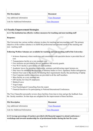 File Description Document
Any additional information View Document
Link for Additional Information View Document
Page 77/117 01-07-2020 02:13:12
6.3 Faculty Empowerment Strategies
6.3.1 The institution has effective welfare measures for teaching and non-teaching staff
Response:
The University has various welfare schemes in place for teaching and non-teaching staff. The primary
objective of the welfare schemes is to fulfill the professional and personal needs of the teaching and
non- teaching staff.
Following Welfare Schemes are available for teaching and non-teaching staff of the University:
In-house dispensary where medicines and consultation with specialist doctor is provided free of
cost.
Transportation facility at a very nominal cost.
Free uniforms are provided to drivers, gardeners and security guards.
Free Wi-Fi facility is provided to all staff members.
Academic leaves for attending conferences, seminars and delivering expert lectures etc.
Duty leave for attending the meetings of statutory bodies or Govt. regulatory bodies and agencies.
Interest Free Loan to the faculty for meeting their requirements faculty like purchasing of laptop.
Free Corporate mobile connections are provided to all the staff members.
Mess facility at a very nominal rate.
EPF facility for Class IV employees.
Medical Leave
Yoga Camps
Free Psychological Counselling from the expert
Financial Incentives for participating in National/International Conferences.
The Vice Chancellor personally reviews these facilities from time to time and get the feedback from
the faculty members. So that steps are enlighted for the improvement of these facilities.
File Description Document
Any additional information View Document
Link for Additional Information View Document
6.3.2 Average percentage of teachers provided with financial support to attend conferences /
workshops and towards membership fee of professional bodies during the last five years
 