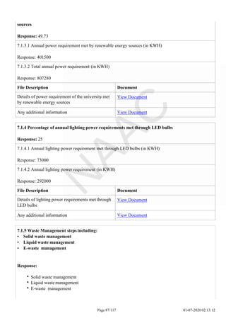 sources
Response: 49.73
7.1.3.1 Annual power requirement met by renewable energy sources (in KWH)
Response: 401500
7.1.3.2 Total annual power requirement (in KWH)
Response: 807280
File Description Document
Details of power requirement of the university met
by renewable energy sources
View Document
Any additional information View Document
Page 87/117 01-07-2020 02:13:12
7.1.4 Percentage of annual lighting power requirements met through LED bulbs
Response: 25
7.1.4.1 Annual lighting power requirement met through LED bulbs (in KWH)
Response: 73000
7.1.4.2 Annual lighting power requirement (in KWH)
Response: 292000
File Description Document
Details of lighting power requirements met through
LED bulbs
View Document
Any additional information View Document
7.1.5 Waste Management steps including:
• Solid waste management
• Liquid waste management
• E-waste management
Response:
Solid waste management
Liquid waste management
E-waste management
 