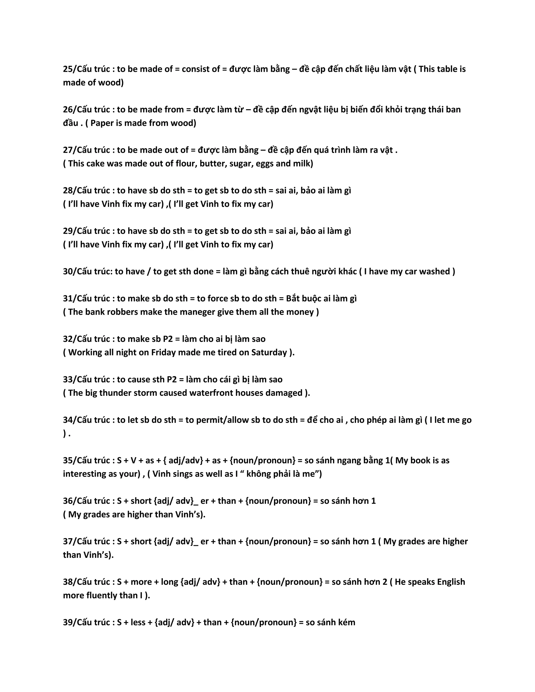 25/Cấu trúc : to be made of = consist of = được làm bằng – đề cập đến chất liệu làm vật ( This table is 
made of wood) 
26/Cấu trúc : to be made from = được làm từ – đề cập đến ngvật liệu bị biến đổi khỏi trạng thái ban 
đầu . ( Paper is made from wood) 
27/Cấu trúc : to be made out of = được làm bằng – đề cập đến quá trình làm ra vật . 
( This cake was made out of flour, butter, sugar, eggs and milk) 
28/Cấu trúc : to have sb do sth = to get sb to do sth = sai ai, bảo ai làm gì 
( I’ll have Vinh fix my car) ,( I’ll get Vinh to fix my car) 
29/Cấu trúc : to have sb do sth = to get sb to do sth = sai ai, bảo ai làm gì 
( I’ll have Vinh fix my car) ,( I’ll get Vinh to fix my car) 
30/Cấu trúc: to have / to get sth done = làm gì bằng cách thuê người khác ( I have my car washed ) 
31/Cấu trúc : to make sb do sth = to force sb to do sth = Bắt buộc ai làm gì 
( The bank robbers make the maneger give them all the money ) 
32/Cấu trúc : to make sb P2 = làm cho ai bị làm sao 
( Working all night on Friday made me tired on Saturday ). 
33/Cấu trúc : to cause sth P2 = làm cho cái gì bị làm sao 
( The big thunder storm caused waterfront houses damaged ). 
34/Cấu trúc : to let sb do sth = to permit/allow sb to do sth = để cho ai , cho phép ai làm gì ( I let me go 
) . 
35/Cấu trúc : S + V + as + { adj/adv} + as + {noun/pronoun} = so sánh ngang bằng 1( My book is as 
interesting as your) , ( Vinh sings as well as I “ không phải là me”) 
36/Cấu trúc : S + short {adj/ adv}_ er + than + {noun/pronoun} = so sánh hơn 1 
( My grades are higher than Vinh’s). 
37/Cấu trúc : S + short {adj/ adv}_ er + than + {noun/pronoun} = so sánh hơn 1 ( My grades are higher 
than Vinh’s). 
38/Cấu trúc : S + more + long {adj/ adv} + than + {noun/pronoun} = so sánh hơn 2 ( He speaks English 
more fluently than I ). 
39/Cấu trúc : S + less + {adj/ adv} + than + {noun/pronoun} = so sánh kém 
 