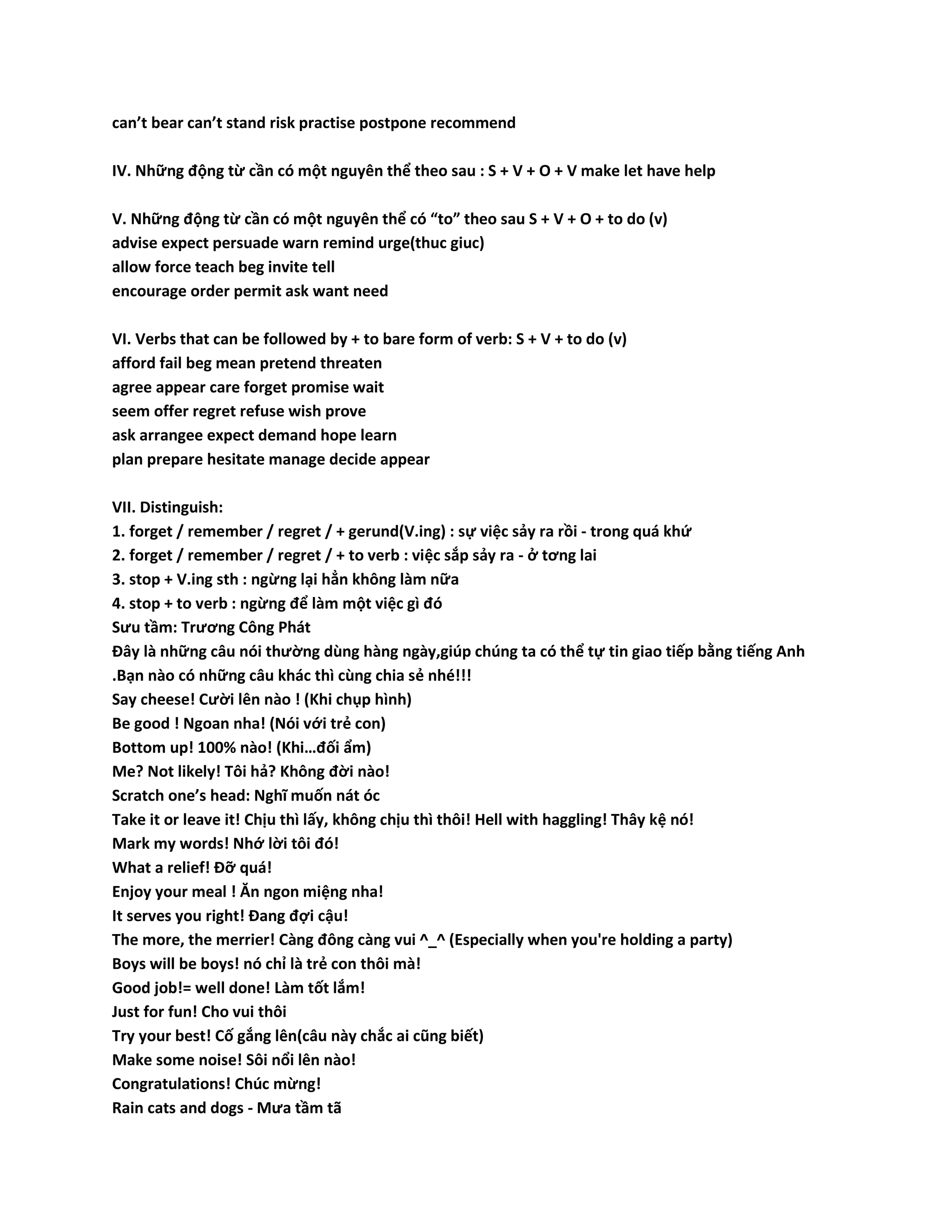 can’t bear can’t stand risk practise postpone recommend 
IV. Những động từ cần có một nguyên thể theo sau : S + V + O + V make let have help 
V. Những động từ cần có một nguyên thể có “to” theo sau S + V + O + to do (v) 
advise expect persuade warn remind urge(thuc giuc) 
allow force teach beg invite tell 
encourage order permit ask want need 
VI. Verbs that can be followed by + to bare form of verb: S + V + to do (v) 
afford fail beg mean pretend threaten 
agree appear care forget promise wait 
seem offer regret refuse wish prove 
ask arrangee expect demand hope learn 
plan prepare hesitate manage decide appear 
VII. Distinguish: 
1. forget / remember / regret / + gerund(V.ing) : sự việc sảy ra rồi - trong quá khứ 
2. forget / remember / regret / + to verb : việc sắp sảy ra - ở tơng lai 
3. stop + V.ing sth : ngừng lại hẳn không làm nữa 
4. stop + to verb : ngừng để làm một việc gì đó 
Sưu tầm: Trương Công Phát 
Đây là những câu nói thường dùng hàng ngày,giúp chúng ta có thể tự tin giao tiếp bằng tiếng Anh 
.Bạn nào có những câu khác thì cùng chia sẻ nhé!!! 
Say cheese! Cười lên nào ! (Khi chụp hình) 
Be good ! Ngoan nha! (Nói với trẻ con) 
Bottom up! 100% nào! (Khi…đối ẩm) 
Me? Not likely! Tôi hả? Không đời nào! 
Scratch one’s head: Nghĩ muốn nát óc 
Take it or leave it! Chịu thì lấy, không chịu thì thôi! Hell with haggling! Thây kệ nó! 
Mark my words! Nhớ lời tôi đó! 
What a relief! Đỡ quá! 
Enjoy your meal ! Ăn ngon miệng nha! 
It serves you right! Đang đợi cậu! 
The more, the merrier! Càng đông càng vui ^_^ (Especially when you're holding a party) 
Boys will be boys! nó chỉ là trẻ con thôi mà! 
Good job!= well done! Làm tốt lắm! 
Just for fun! Cho vui thôi 
Try your best! Cố gắng lên(câu này chắc ai cũng biết) 
Make some noise! Sôi nổi lên nào! 
Congratulations! Chúc mừng! 
Rain cats and dogs - Mưa tầm tã 
 