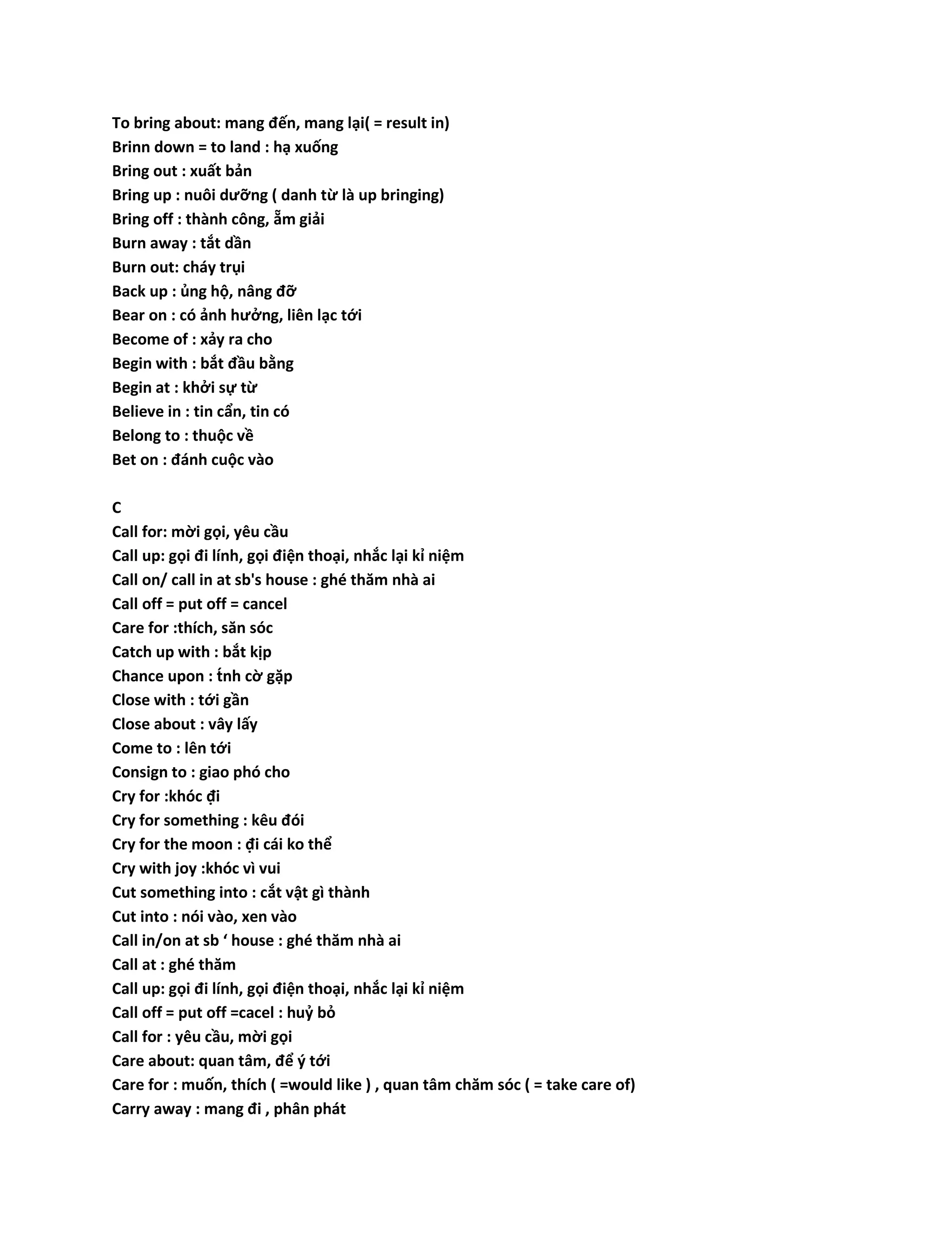 To bring about: mang đến, mang lại( = result in) 
Brinn down = to land : hạ xuống 
Bring out : xuất bản 
Bring up : nuôi dưỡng ( danh từ là up bringing) 
Bring off : thành công, ẵm giải 
Burn away : tắt dần 
Burn out: cháy trụi 
Back up : ủng hộ, nâng đỡ 
Bear on : có ảnh hưởng, liên lạc tới 
Become of : xảy ra cho 
Begin with : bắt đầu bằng 
Begin at : khởi sự từ 
Believe in : tin cẩn, tin có 
Belong to : thuộc về 
Bet on : đánh cuộc vào 
C 
Call for: mời gọi, yêu cầu 
Call up: gọi đi lính, gọi điện thoại, nhắc lại kỉ niệm 
Call on/ call in at sb's house : ghé thăm nhà ai 
Call off = put off = cancel 
Care for :thích, săn sóc 
Catch up with : bắt kịp 
Chance upon : tńh cờ gặp 
Close with : tới gần 
Close about : vây lấy 
Come to : lên tới 
Consign to : giao phó cho 
Cry for :khóc đ̣i 
Cry for something : kêu đói 
Cry for the moon : đ̣i cái ko thể 
Cry with joy :khóc vì vui 
Cut something into : cắt vật gì thành 
Cut into : nói vào, xen vào 
Call in/on at sb ‘ house : ghé thăm nhà ai 
Call at : ghé thăm 
Call up: gọi đi lính, gọi điện thoại, nhắc lại kỉ niệm 
Call off = put off =cacel : huỷ bỏ 
Call for : yêu cầu, mời gọi 
Care about: quan tâm, để ý tới 
Care for : muốn, thích ( =would like ) , quan tâm chăm sóc ( = take care of) 
Carry away : mang đi , phân phát 
 