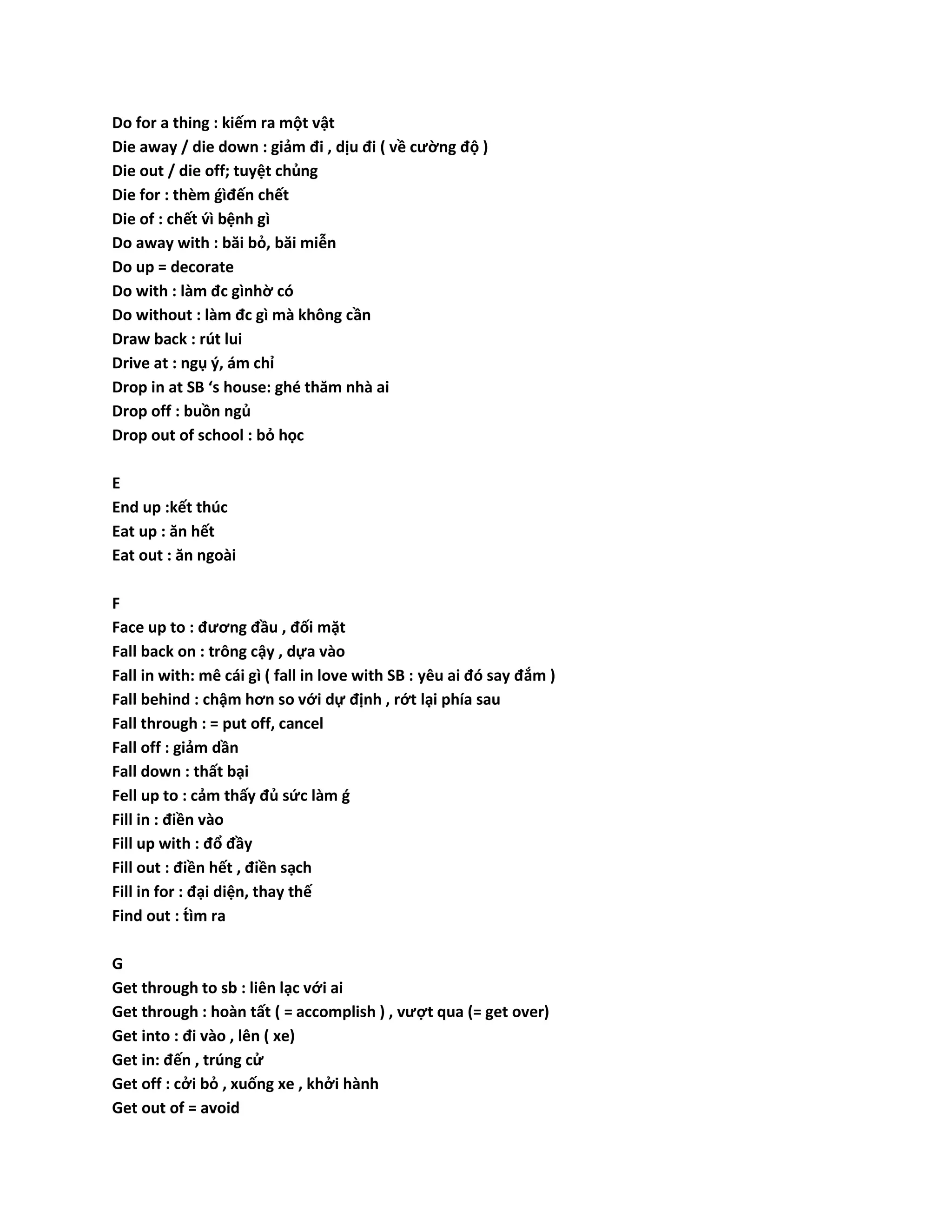 Do for a thing : kiếm ra một vật 
Die away / die down : giảm đi , dịu đi ( về cường độ ) 
Die out / die off; tuyệt chủng 
Die for : thèm ǵìđến chết 
Die of : chết v́ì bệnh gì 
Do away with : băi bỏ, băi miễn 
Do up = decorate 
Do with : làm đc gìnhờ có 
Do without : làm đc gì mà không cần 
Draw back : rút lui 
Drive at : ngụ ý, ám chỉ 
Drop in at SB ‘s house: ghé thăm nhà ai 
Drop off : buồn ngủ 
Drop out of school : bỏ học 
E 
End up :kết thúc 
Eat up : ăn hết 
Eat out : ăn ngoài 
F 
Face up to : đương đầu , đối mặt 
Fall back on : trông cậy , dựa vào 
Fall in with: mê cái gì ( fall in love with SB : yêu ai đó say đắm ) 
Fall behind : chậm hơn so với dự định , rớt lại phía sau 
Fall through : = put off, cancel 
Fall off : giảm dần 
Fall down : thất bại 
Fell up to : cảm thấy đủ sức làm ǵ 
Fill in : điền vào 
Fill up with : đổ đầy 
Fill out : điền hết , điền sạch 
Fill in for : đại diện, thay thế 
Find out : tì́m ra 
G 
Get through to sb : liên lạc với ai 
Get through : hoàn tất ( = accomplish ) , vượt qua (= get over) 
Get into : đi vào , lên ( xe) 
Get in: đến , trúng cử 
Get off : cởi bỏ , xuống xe , khởi hành 
Get out of = avoid 
 