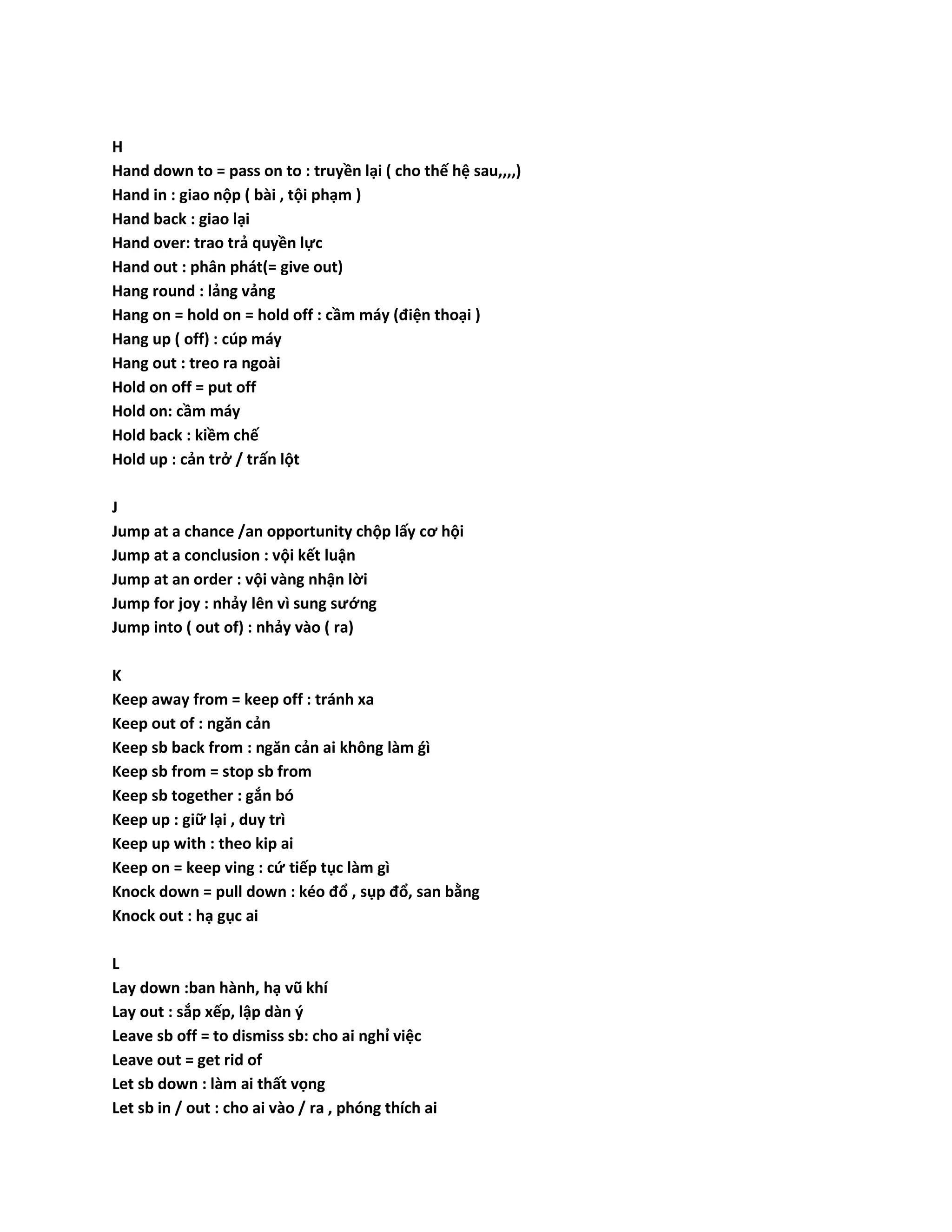 H 
Hand down to = pass on to : truyền lại ( cho thế hệ sau,,,,) 
Hand in : giao nộp ( bài , tội phạm ) 
Hand back : giao lại 
Hand over: trao trả quyền lực 
Hand out : phân phát(= give out) 
Hang round : lảng vảng 
Hang on = hold on = hold off : cầm máy (điện thoại ) 
Hang up ( off) : cúp máy 
Hang out : treo ra ngoài 
Hold on off = put off 
Hold on: cầm máy 
Hold back : kiềm chế 
Hold up : cản trở / trấn lột 
J 
Jump at a chance /an opportunity chộp lấy cơ hội 
Jump at a conclusion : vội kết luận 
Jump at an order : vội vàng nhận lời 
Jump for joy : nhảy lên vì sung sướng 
Jump into ( out of) : nhảy vào ( ra) 
K 
Keep away from = keep off : tránh xa 
Keep out of : ngăn cản 
Keep sb back from : ngăn cản ai không làm ǵì 
Keep sb from = stop sb from 
Keep sb together : gắn bó 
Keep up : giữ lại , duy trì 
Keep up with : theo kip ai 
Keep on = keep ving : cứ tiếp tục làm gì 
Knock down = pull down : kéo đổ , sụp đổ, san bằng 
Knock out : hạ gục ai 
L 
Lay down :ban hành, hạ vũ khí 
Lay out : sắp xếp, lập dàn ý 
Leave sb off = to dismiss sb: cho ai nghỉ việc 
Leave out = get rid of 
Let sb down : làm ai thất vọng 
Let sb in / out : cho ai vào / ra , phóng thích ai 
 