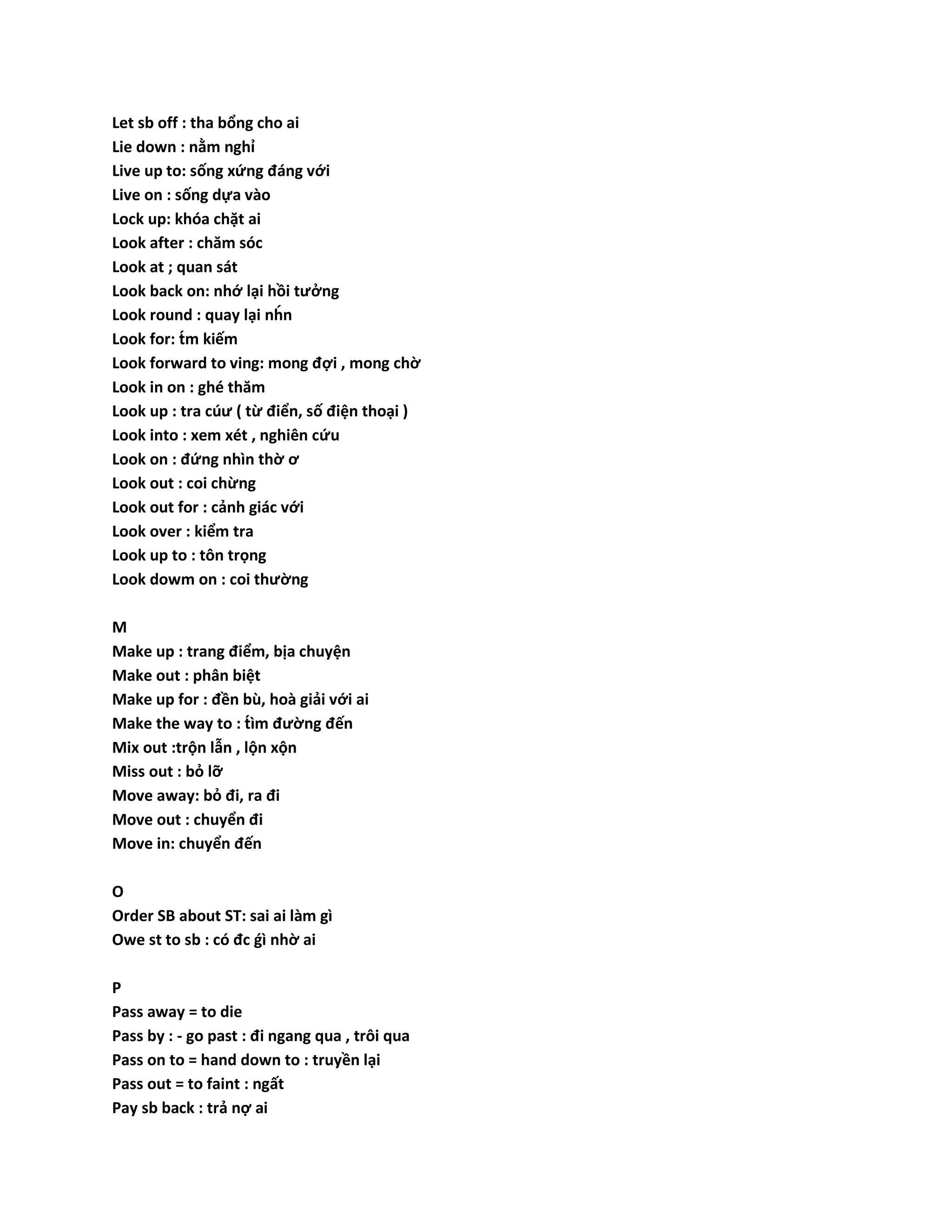 Let sb off : tha bổng cho ai 
Lie down : nằm nghỉ 
Live up to: sống xứng đáng với 
Live on : sống dựa vào 
Lock up: khóa chặt ai 
Look after : chăm sóc 
Look at ; quan sát 
Look back on: nhớ lại hồi tưởng 
Look round : quay lại nh́n 
Look for: tḿ kiếm 
Look forward to ving: mong đợi , mong chờ 
Look in on : ghé thăm 
Look up : tra cúư ( từ điển, số điện thoại ) 
Look into : xem xét , nghiên cứu 
Look on : đứng nhìn thờ ơ 
Look out : coi chừng 
Look out for : cảnh giác với 
Look over : kiểm tra 
Look up to : tôn trọng 
Look dowm on : coi thường 
M 
Make up : trang điểm, bịa chuyện 
Make out : phân biệt 
Make up for : đền bù, hoà giải với ai 
Make the way to : tì́m đường đến 
Mix out :trộn lẫn , lộn xộn 
Miss out : bỏ lỡ 
Move away: bỏ đi, ra đi 
Move out : chuyển đi 
Move in: chuyển đến 
O 
Order SB about ST: sai ai làm gì 
Owe st to sb : có đc ǵì nhờ ai 
P 
Pass away = to die 
Pass by : - go past : đi ngang qua , trôi qua 
Pass on to = hand down to : truyền lại 
Pass out = to faint : ngất 
Pay sb back : trả nợ ai 
 